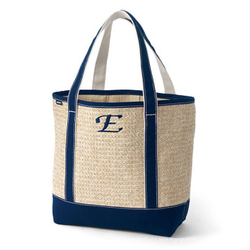 Sturdy Medium Size Accept Customize Embroidery Logo Cotton Handles and Base Canvas Lined Straw Overlay Open-Top Beach Tote Bag